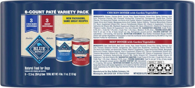 Blue Buffalo Homestyle Recipe Adult Wet Dog Food, 12.5-oz Cans, 6 Count, Chicken and Beef Dinner Variety Pack