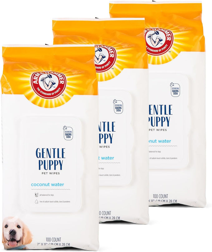 Arm & Hammer 100-count Deodorizing Dog Cleaning Wipes with coconut water, gentle for dogs and puppies, paraben and sulfate free, light coconut scent