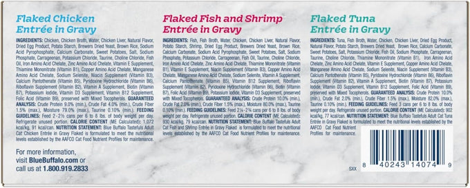 blue buffalo tastefuls flaked wet cat food variety pack, real meat, tuna, chicken, fish & shrimp, 12 count, 4 of each
