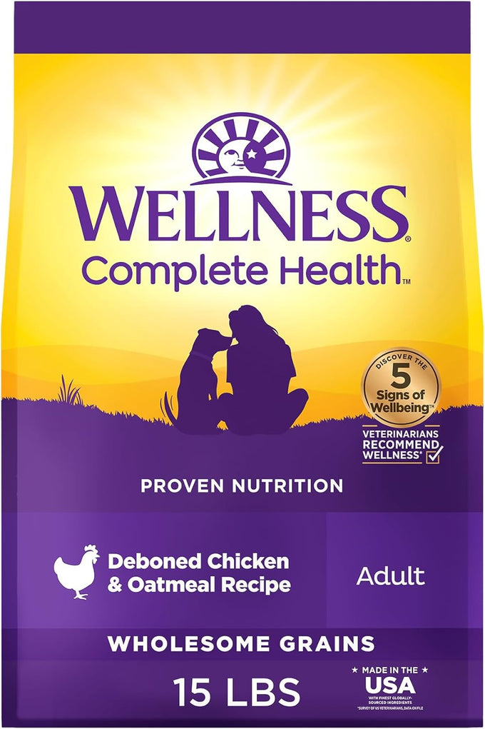Wellness Complete Health Sensitive Skin and Stomach Dry Dog Food, Wholesome Grain Kibble, Natural, Chicken Free, Salmon and Rice Recipe, 5 lb Bag