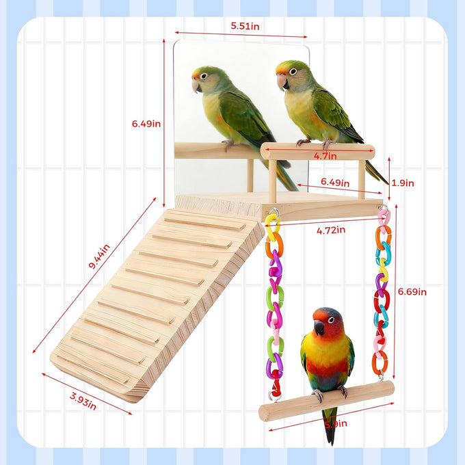 Wooden Bird Perch Platform Toy Set with Mirror, Climbing Ladder, and Swing for Parrots and Budgerigars