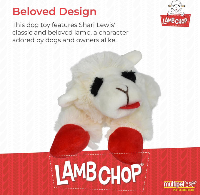 Multipet Lamb Chop 6" cream plush dog toy with squeaker for cuddling and playtime