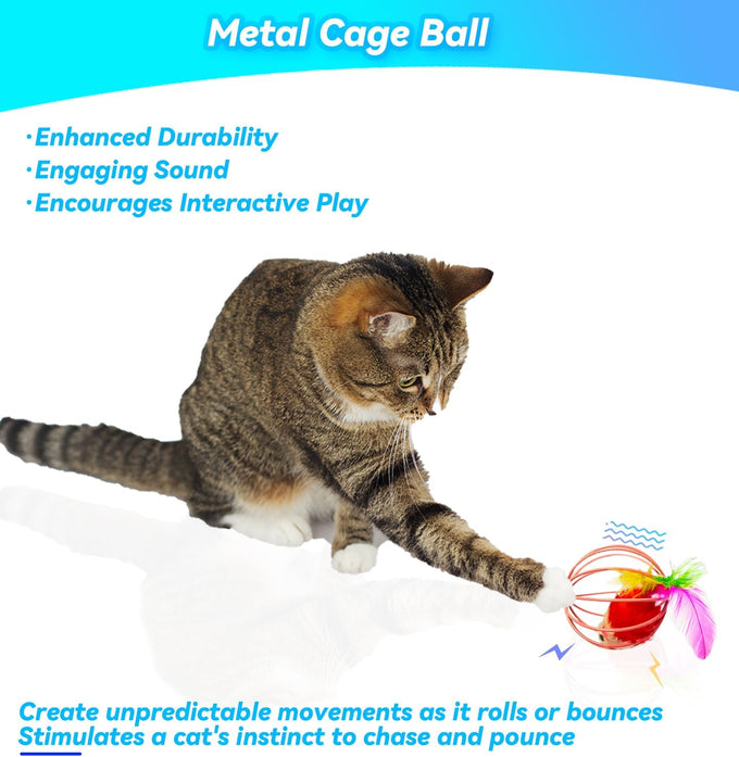 Cat Toys 6 Packs Interactive Metal Cage Balls for Indoor Cats, Mice, Bells, and Feather Mouse Toys