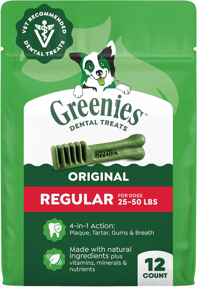 greenies regular size veterinarian-recommended adult natural dental dog treats, 12 oz. pack, 12 count, original flavor