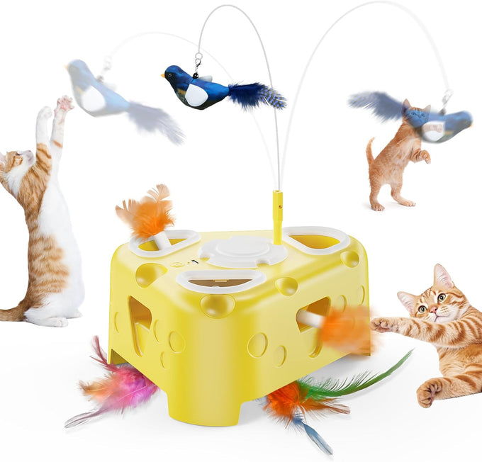 Cheese-Shaped Interactive Cat Toy with USB Rechargeable Electronic Feather Toy for Indoor Cats and Kittens 6-Hole Mole & Rotating Feather