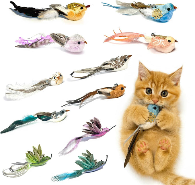 Realistic handcrafted 11 birds cat toy refills with bell, clips for wand attachments, indoor cat entertainment