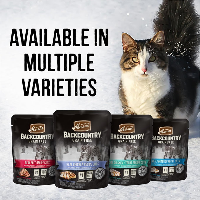 Merrick Backcountry grain free beef recipe morsels in gravy, 24 pouches, 3 oz each, high protein wet cat food