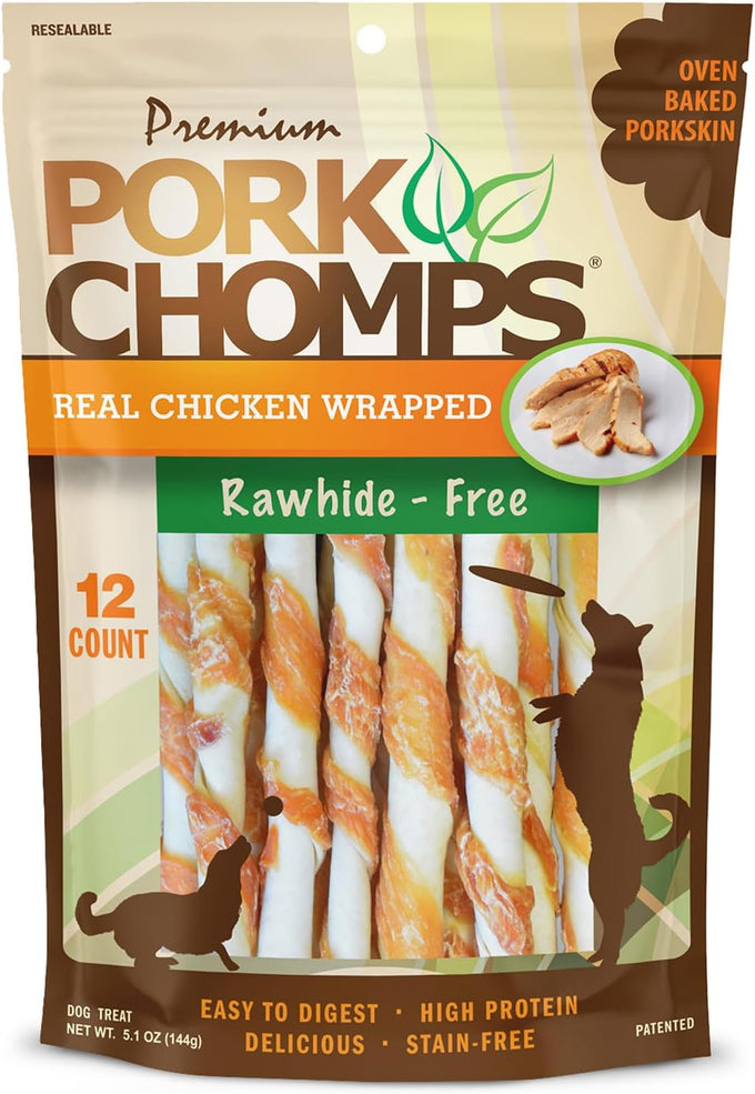 pork chomps real chicken wrapped baked pork skin dog chews, 5 inch mini twists, 12 count