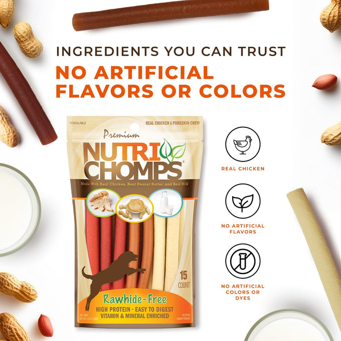Nutri Chomps Dog Chews, Rawhide-Free, Real Chicken, Peanut Butter & Milk Flavors, 15 Count