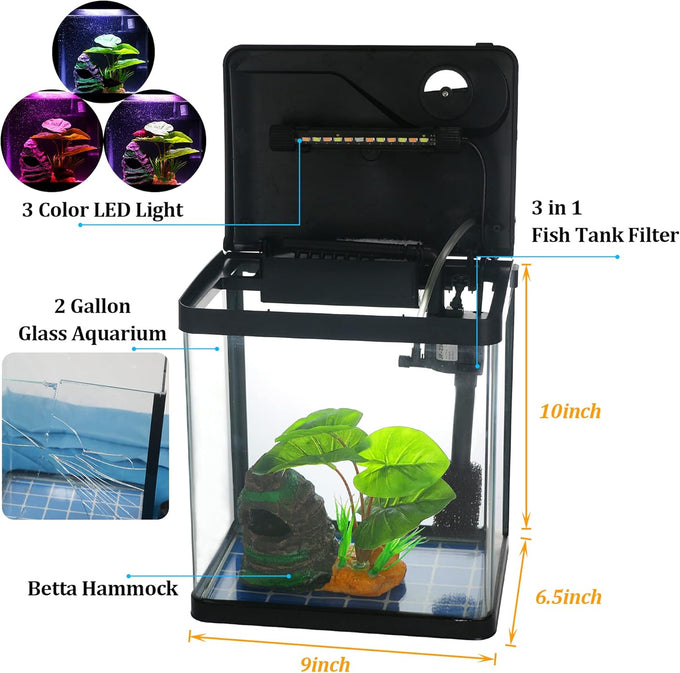 Betta fish tank self cleaning glass 2 gallon small nano aquarium starter kit with led light and whisper filters