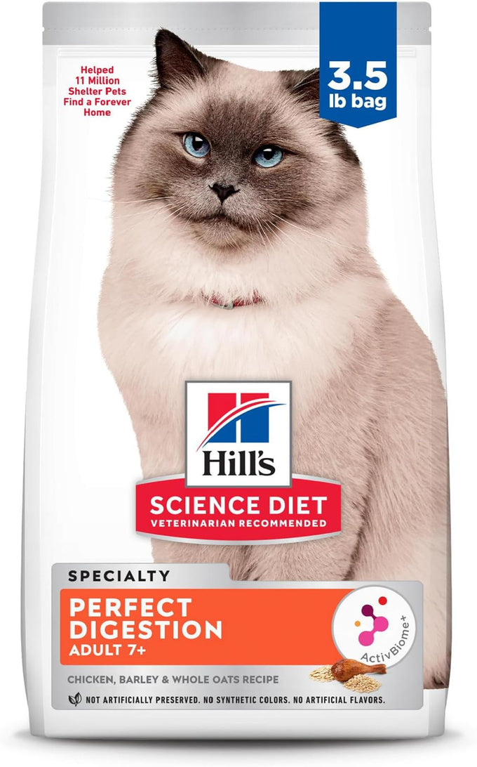 Hill's Science Diet Adult 7+ Perfect Digestion Dry Cat Food, Chicken, Barley & Whole Oats, 3.5 lb. Bag