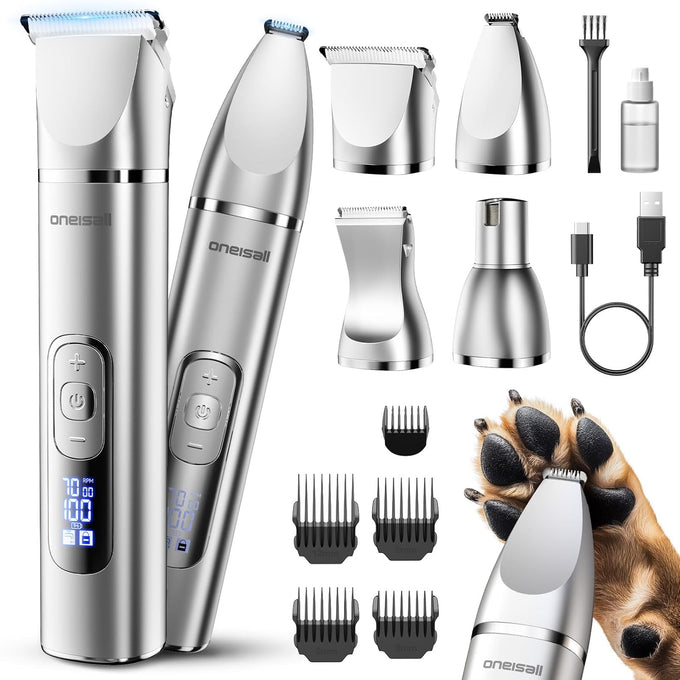 oneisall 4 in 1 dog grooming kit with lcd display, dog hair trimmer for paw nail grinder, rechargeable cordless low noise ipx7 waterproof pet clippers, 3-speed, 1200mAh battery