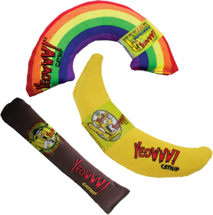 Yeowww! catnip toy variety pack, made in USA, includes cigar, banana, and rainbow shapes