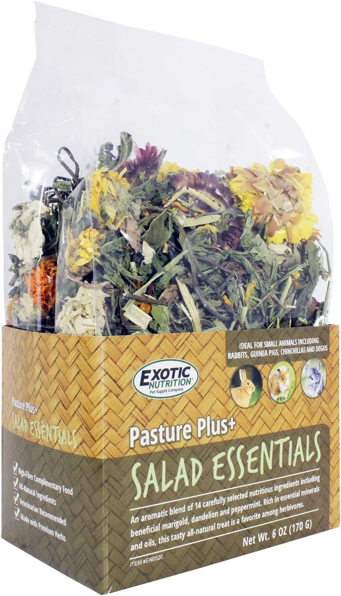 Exotic Nutrition Pasture Plus+ high-fiber dried flower & herb treats for herbivorous small pets like guinea pigs, rabbits, and chinchillas