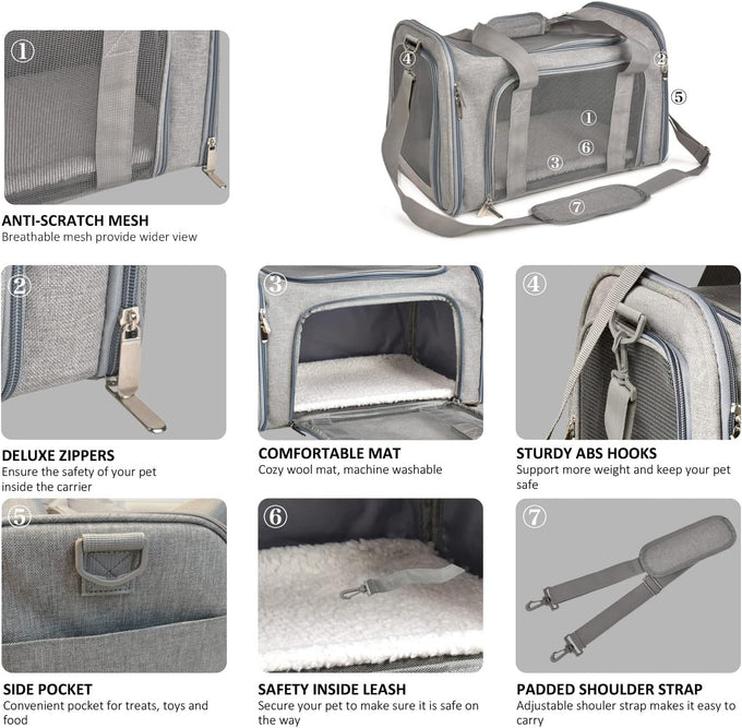 Henkelion grey cat carrier for small to medium pets up to 15lbs, TSA airline approved, soft sided, collapsible, waterproof