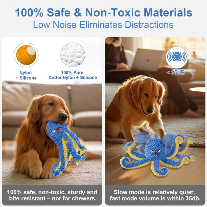 Blue Interactive Octopus Dog Toy, USB Rechargeable, Automatic Jumping, Not for Aggressive Chewers