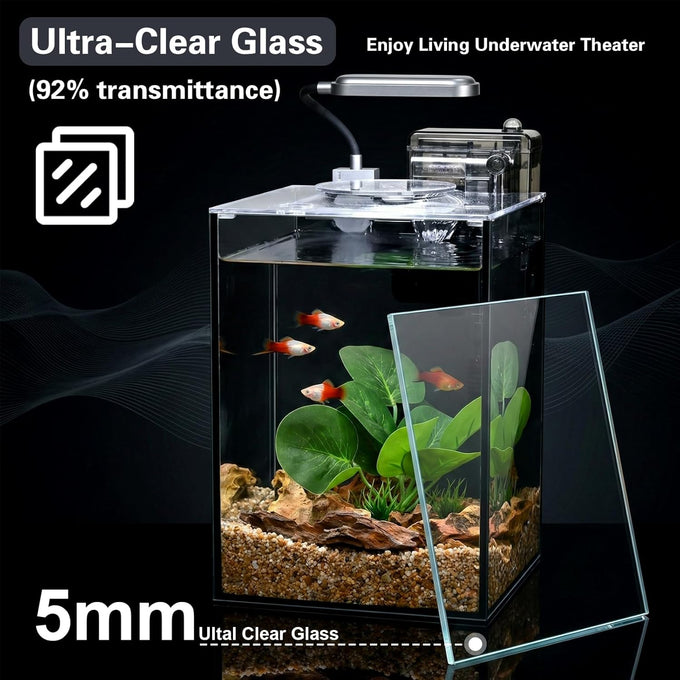 2.2 gallon black glass aquarium set for desktop, small kit for beginners and children with betta fish, goldfish, and aquatic plants