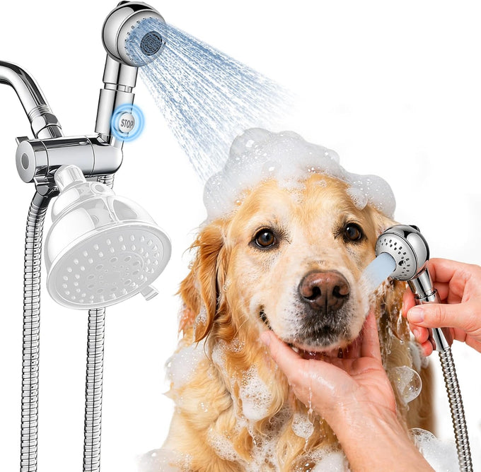Gentle Pet Shower Attachment with One-Button Pause, 2-Mode Mini Pet Shower Head for Nervous Dogs and Cats, 98'' Long Hose