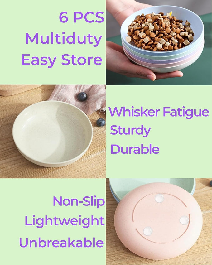 6-pack cat food bowls with non-slip feet, shallow relief, 5.5" wide, bpa-free, dishwasher safe