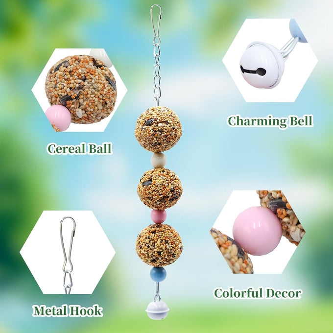 Bird toys, 2 pack, 3 natural cereal foraging balls, cage toys for parakeet, budgie, cockatiel, lovebird, green cheek, small to medium birds