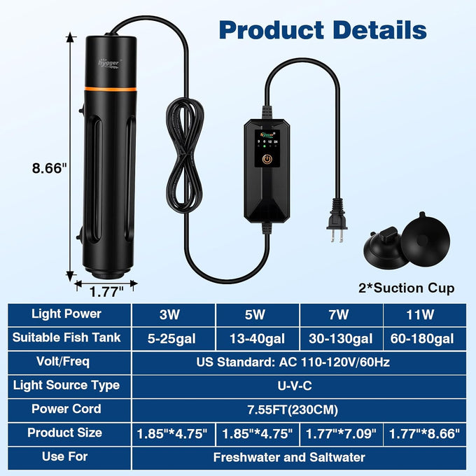 hygger 11w aquarium u-v light with timer for green water & algae, suitable for 60-180 gal freshwater & saltwater fish tanks