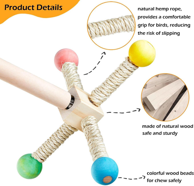 Bird Stand Perch Toy, Wooden Exercise Wheel for Parakeet, Cockatiel, and Budgie Birds, Natural Wood and Hemp Ropes