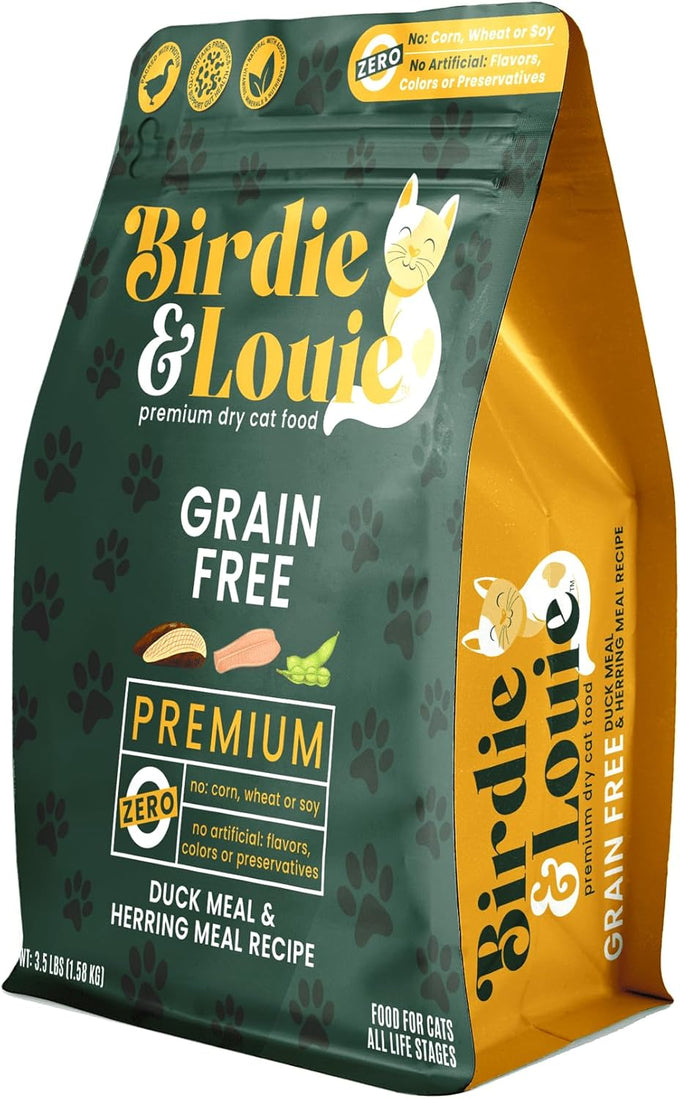 Birdie and Louie Dry Cat Food Duck Meal & Herring Meal Recipe, Grain-Free, Made in USA, 3.5 Lb Easy Seal Bag