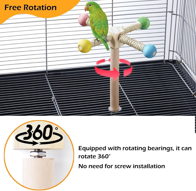 Bird Stand Perch Toy, Wooden Exercise Wheel for Parakeet, Cockatiel, and Budgie Birds, Natural Wood and Hemp Ropes