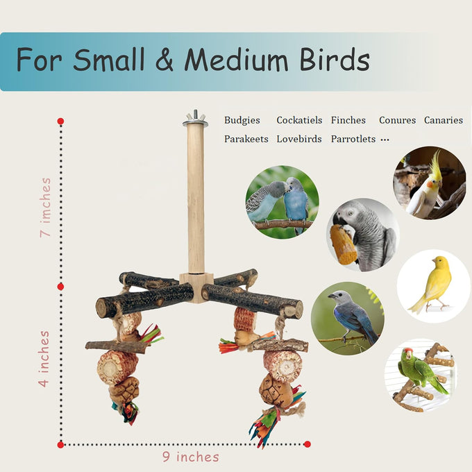 Bird Perch 360° Rotating Wooden Stand with Natural Chew Toys for Small Parrots and Conures