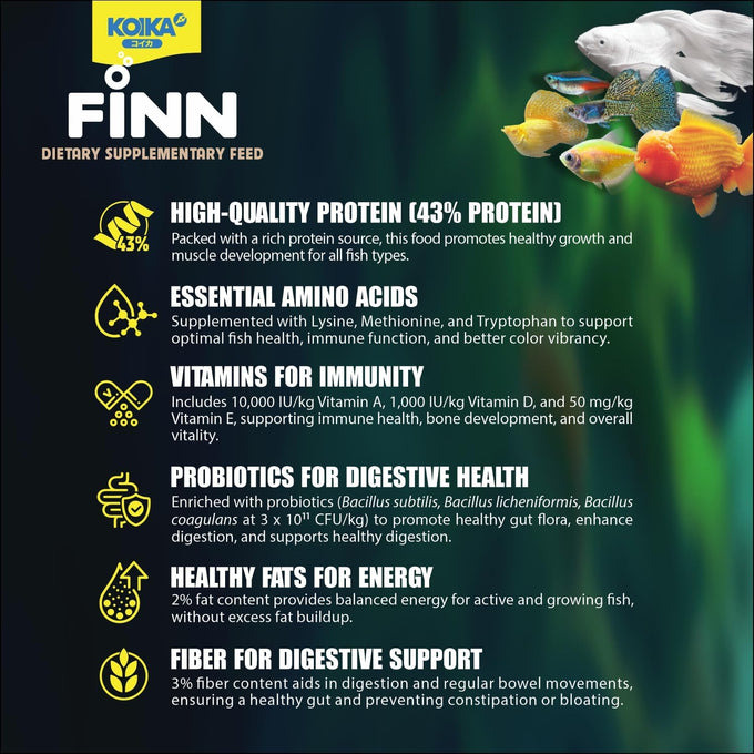 KOIKA FINN Probiotic Fish Food Pellets, 43% protein, Bacillus Probiotics, for ornamental fish, 0.4mm pellets