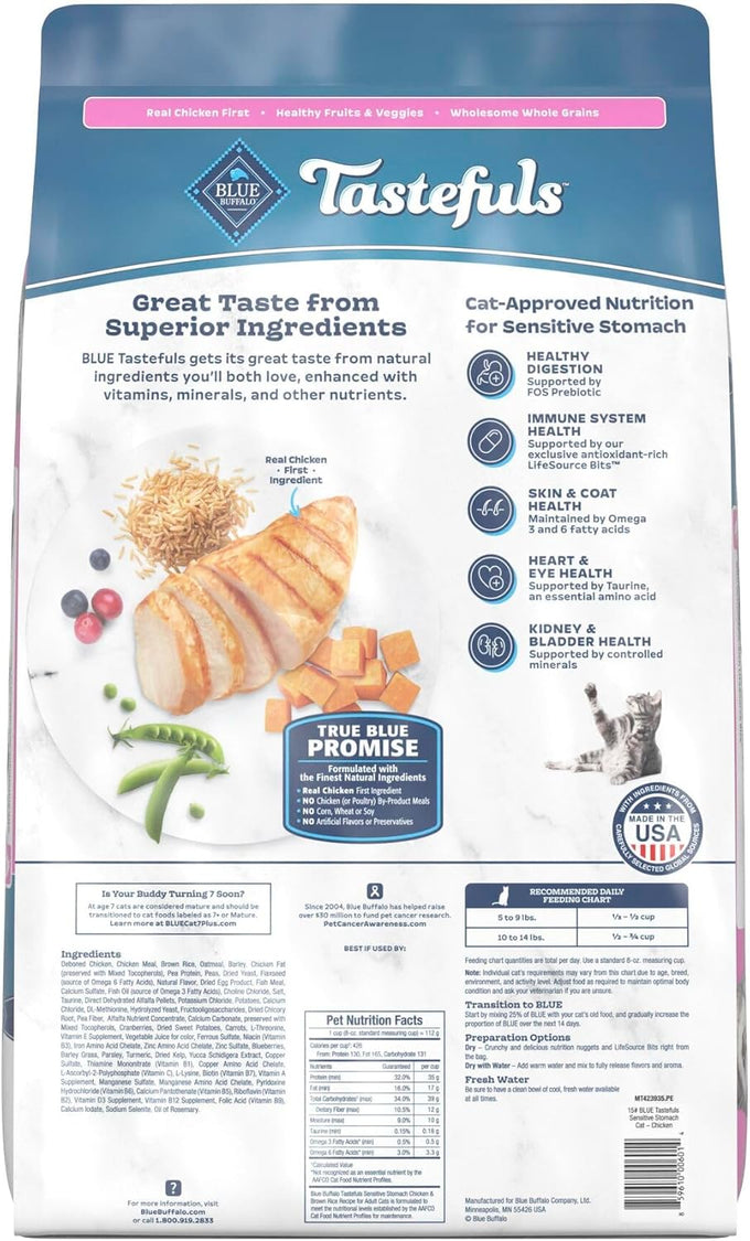 Blue Buffalo natural adult cat food with chicken and brown rice, 15-pound bag, sensitive stomach recipe