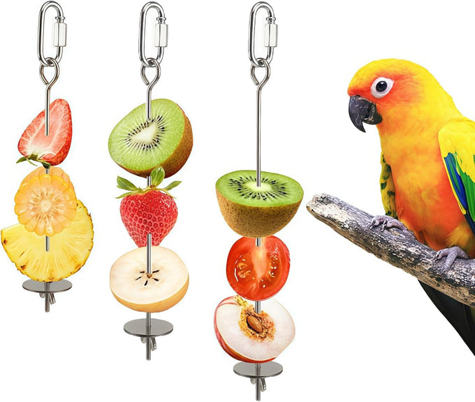 3-Pcs Stainless Steel Parrot Fruit & Vegetable Skewer Toy 6.9in/17.5cm, 8.9in/22.5cm, 10.8in/27.5cm