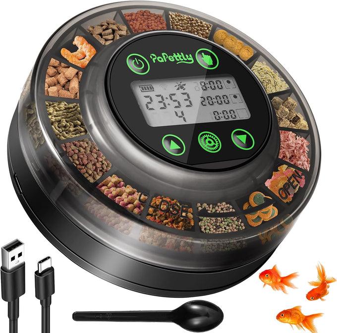papettly automatic fish feeder for aquarium with 15 compartments usb lcd display timer vacation holiday