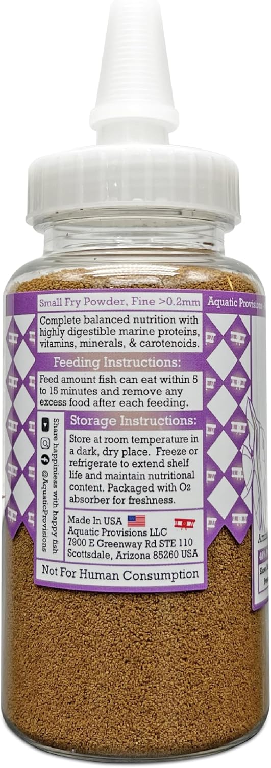 Aquatic Provisions small fry fish food powder, 3.17 oz USA-made, 48% protein for breeding and raising freshwater aquarium species