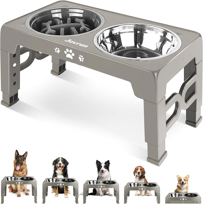 Jovrun elevated dog bowls for medium large size dogs, non-slip feeder with 2 food water bowls, 5 heights adjustable raised bowls stand