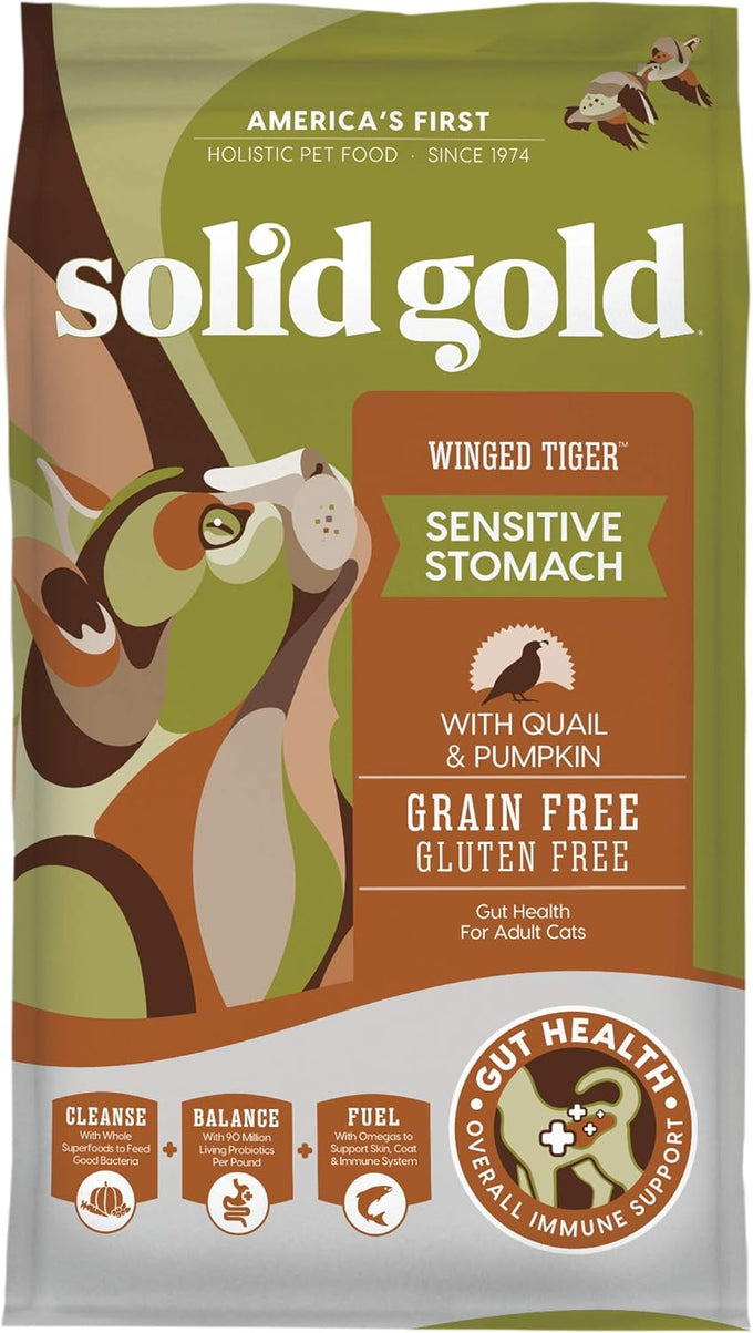 Solid Gold Sensitive Stomach Dry Cat Food, Grain Free, Gluten Free, Quail, Probiotics, 6lb