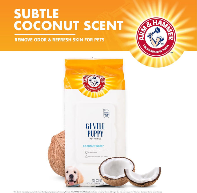 Arm & Hammer 100-count Deodorizing Dog Cleaning Wipes with coconut water, gentle for dogs and puppies, paraben and sulfate free, light coconut scent