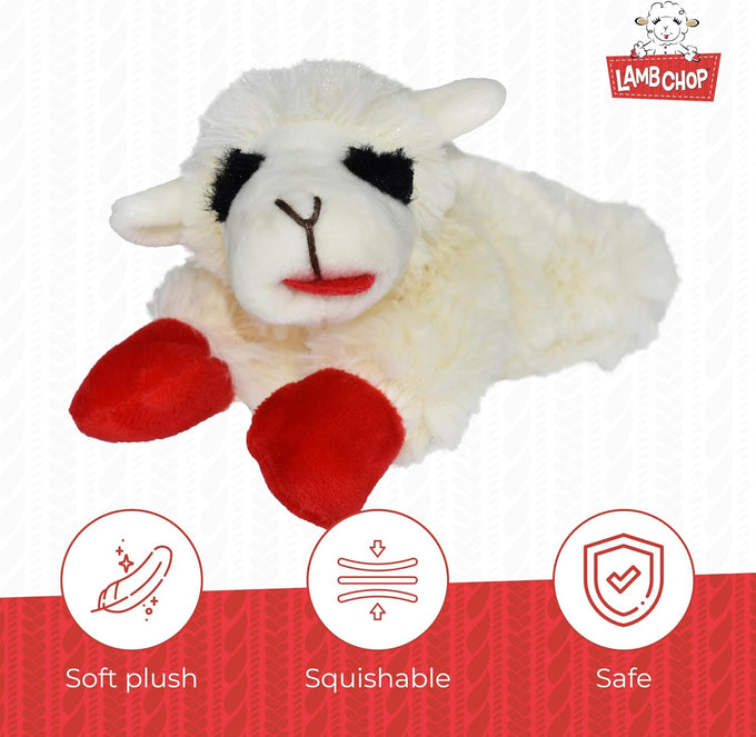 Multipet Lamb Chop 6" cream plush dog toy with squeaker for cuddling and playtime