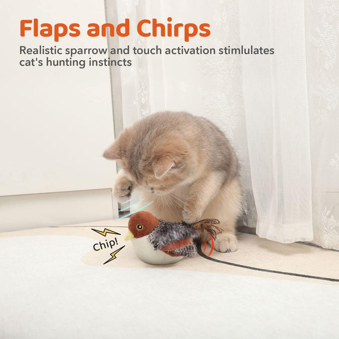 Potaroma rechargeable sparrow cat toy, 4.0 inches, lifelike chirp, touch activated, USB chargeable, soft plush, catnip pouch