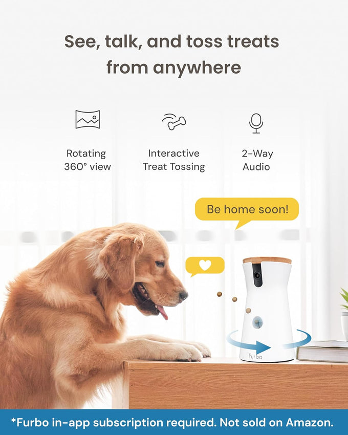 Furbo 360° Dog Camera home security with 2-way speaker, rotating treat toss, and subscription required for full features