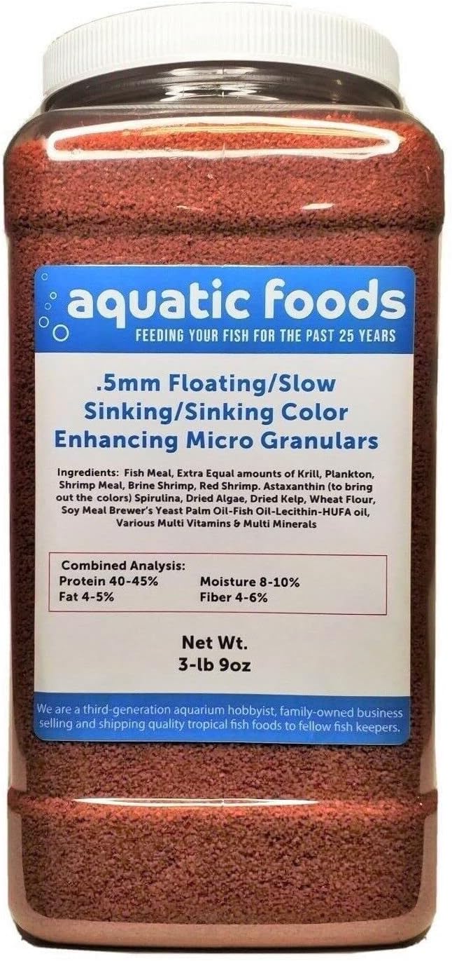 .5mm floating/slow sinking/sinking color enhancing micro granules for tropical fish and koi 8oz small jar by aquatic foods & blackworm co.
