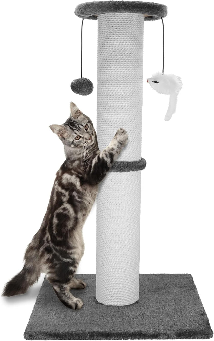 34-Inch heavy-duty grey cat scratching post with cotton rope and hanging ball for indoor cats