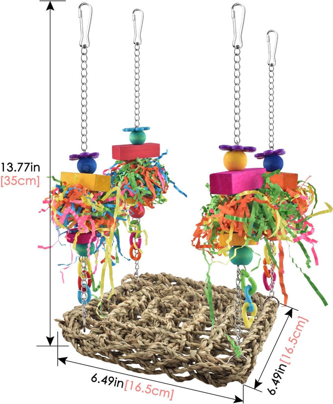 katumo seagrass bird swing mat with stainless chains and colorful toys for small parrots