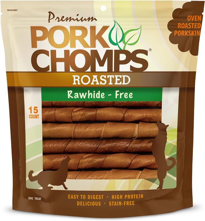 pork chomps roasted pork skin dog chews, 6 inch twists, 15 count - healthy, delicious, low fat, high protein