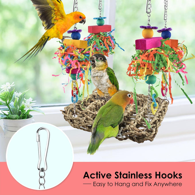 katumo seagrass bird swing mat with stainless chains and colorful toys for small parrots