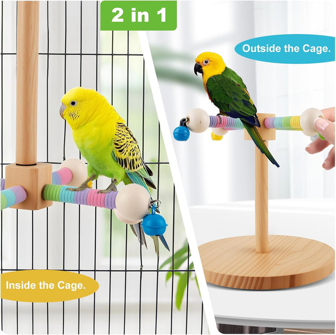 360°Rotating Bird Perch for Parrots, Wooden Stand for Small to Medium-sized Birds, 2-in-1 Cage and Tabletop Toy