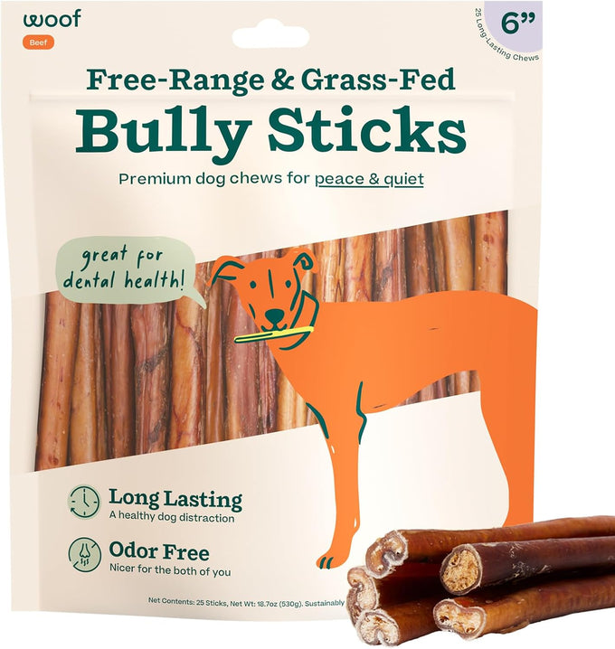 woof bully sticks made with free-range grass-fed beef 6 inch sticks 10pk