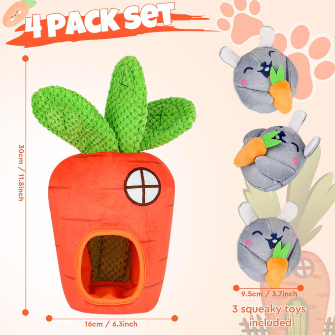Carrot and Bunny Squeaky Dog Puzzle Toy Set, 4 Pack, Interactive Dog Toys for Small Medium Dogs, Training and Cleaning