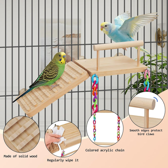 Wooden bird perches platform swing with climbing ladder for cockatiels, lovebirds, and small pets cage accessories