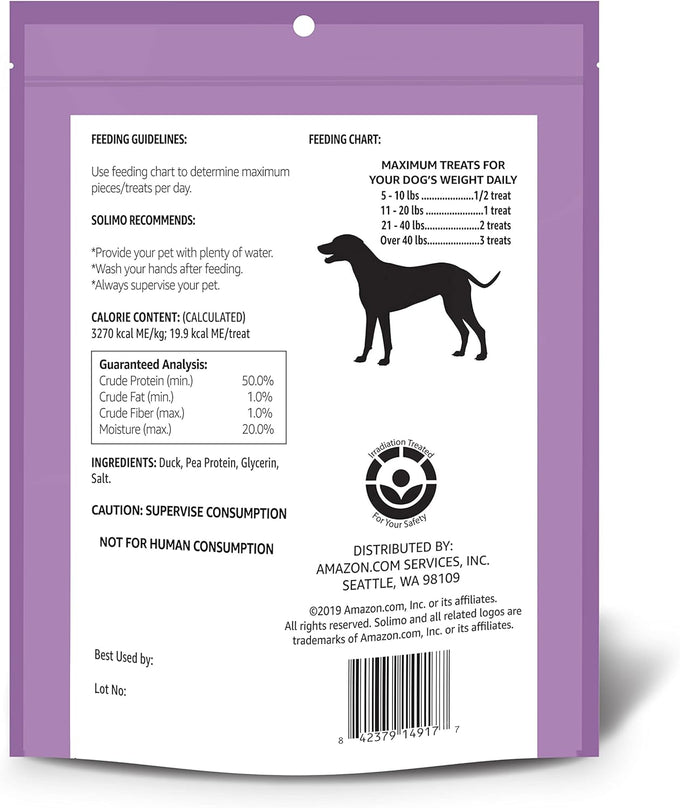 Solimo Amazon brand duck jerky dog treats, 2 pounds, no corn, wheat, soy or gluten